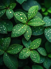 Fototapeta premium Dew-kissed leaves, garden backdrop, nature close-up, website banner