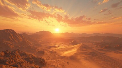 Naklejka premium Golden sunset over a vast desert landscape with sand dunes and mountains.