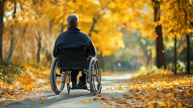Autumn journey: person in wheelchair navigating leafcovered pathway