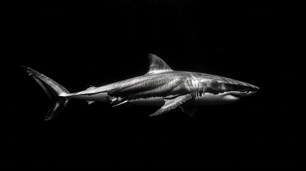 Fototapeta premium Great white shark in the dark ocean depths, striking lighting, marine predator, underwater world, wildlife, perfect for advertising, design, and illustrations