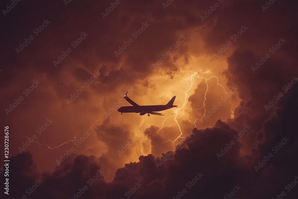 Poster Airplane navigates through turbulent stormy clouds illuminated by lightning in the evening sky. Generative AI