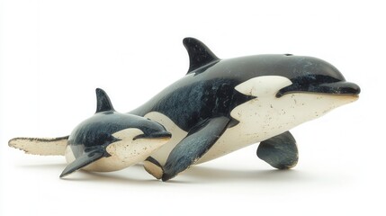 Killer whale figurine with calf, ceramic surface, vintage effect, black and white pattern, decorative element, perfect for interior, design, and collecting