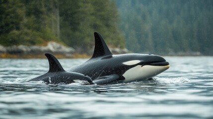 Fototapeta premium Killer whale with her calf in a natural habitat, cold waters, oceanic nature, marine mammals, family bond, wildlife, perfect for advertising, design, and illustrations