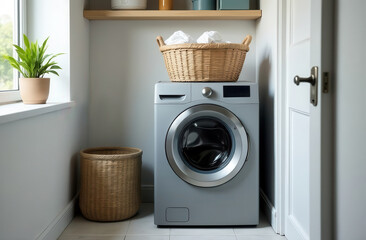Washing machine in laundry room with laundry basket. Bathroom in the house.