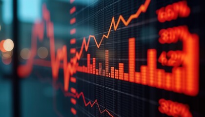 Financial data visualization on large screen. Stock market graph shows fluctuating trends, declining values. Dynamic display of financial market information. Red graphs, bars indicate downward trend.
