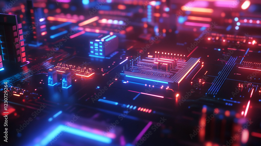 Poster colorful electronic circuit board with vibrant lights and intricate patterns illustrating technology