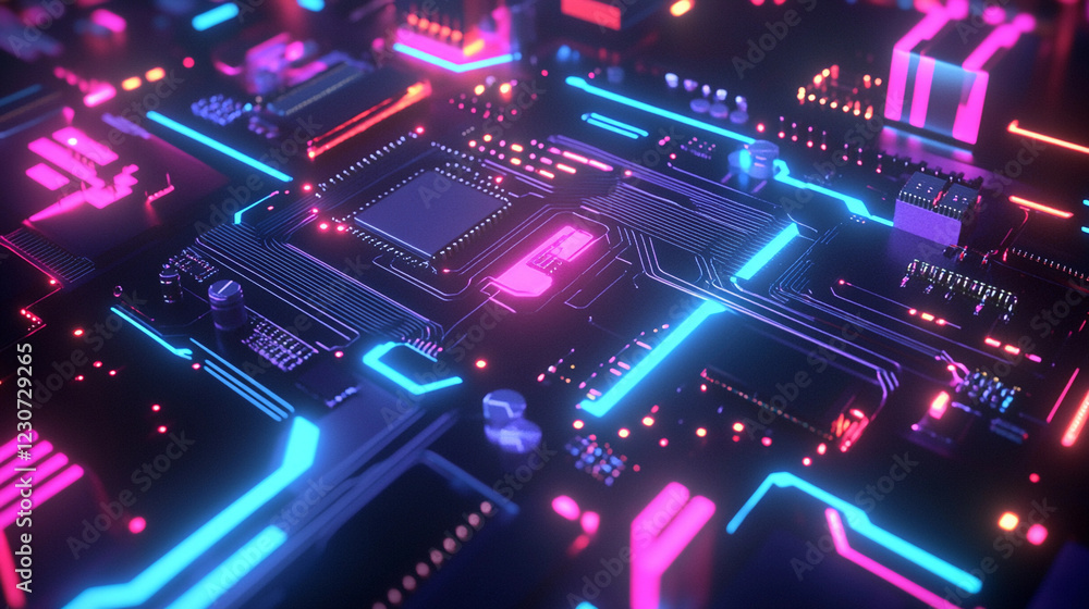 Poster vibrant electronic circuit board showcasing intricate design and colorful patterns with a futuristic
