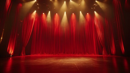 a stage with closed red velvet curtains, dramatically lit by spotlights