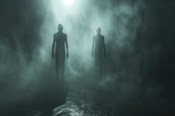 Ghostly figures in a dark foggy background. high contrast image. 3D Rendering  illustration