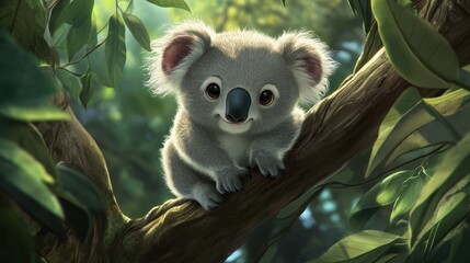 Obraz premium Cute koala joey on eucalyptus branch, dappled sunlight, Australian rainforest, children's book illustration