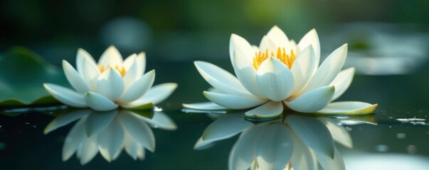 White lotus petals unfolding above the surface of a serene lake with soft, feathery ripples and reflections, water, petals