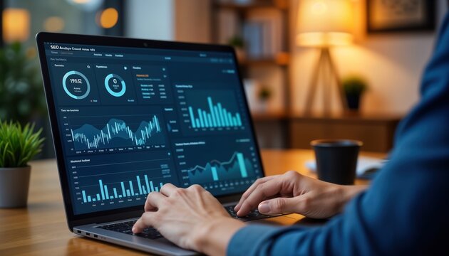 Person works on laptop displaying detailed SEO analytics dashboards. Visualizations show data related to website performance, keyword research. Person analyzing digital marketing trends. Likely