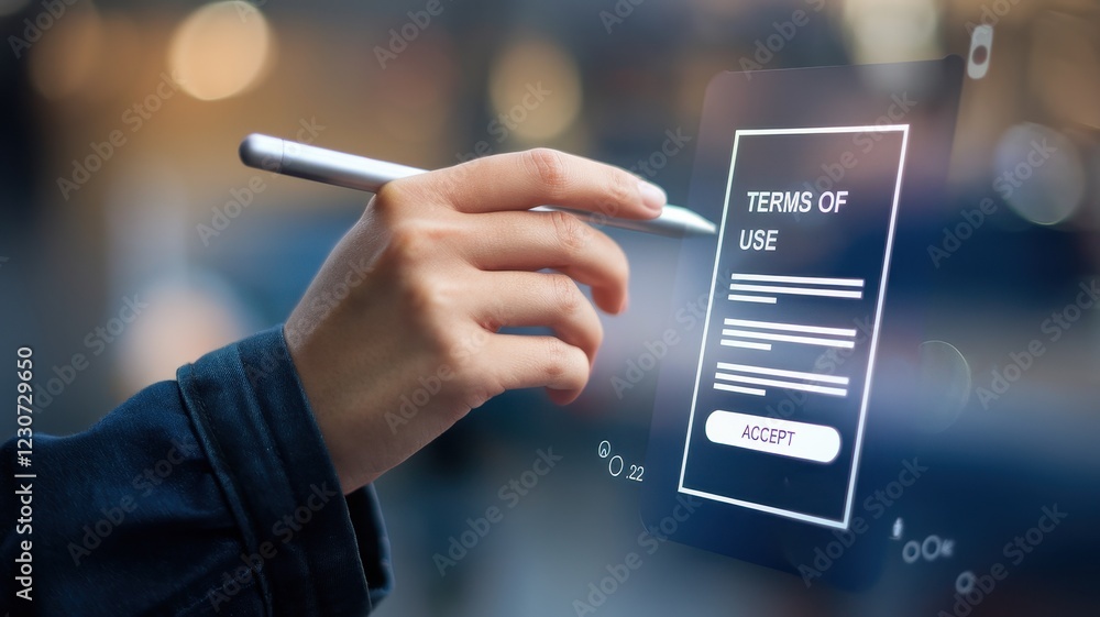 Poster digital terms of use acceptance: a person accepts the terms and conditions on a tablet