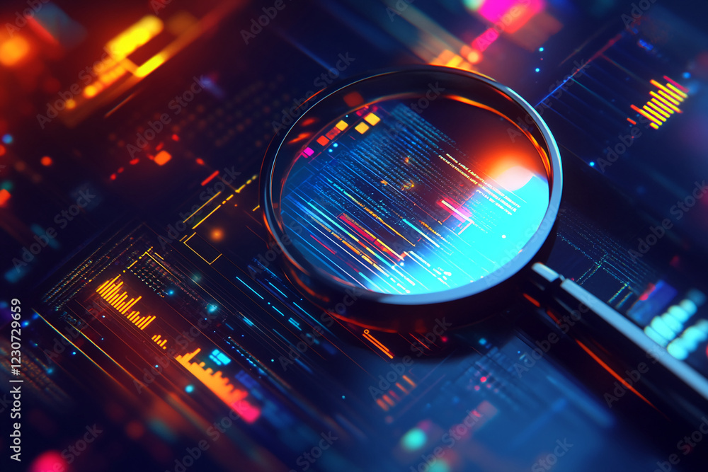 Poster Magnifying glass focused on colorful glowing code with a digital background, symbolizing data analysis, programming, and technology, representing deep examination and cybersecurity