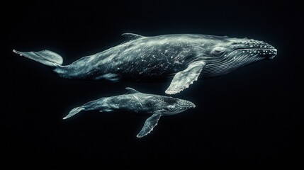 Fototapeta premium Humpback whale and calf, underwater photography in the deep ocean, wildlife, marine mammals, dark background, close-up, perfect for ecology, design, advertising, and illustrations