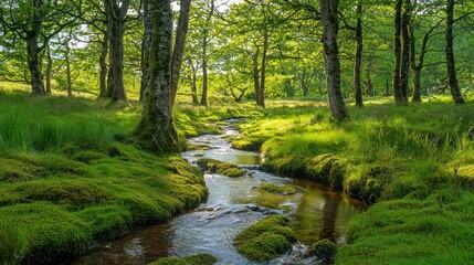 Sunlit stream flowing through lush green mossy forest.