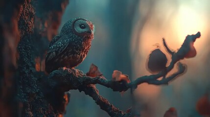 Obraz premium An owl perched on a tree branch in a nighttime forest, with sunlight filtering through the foliage behind it