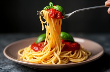 Appetizing spaghetti dish with tomato sauce. Forkful of pasta and sauce. Fresh basil. Italian meal. Delicious food. Healthy dish. Perfect plate presentation. Cooked pasta.