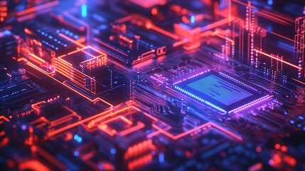 Obraz premium Detailed electronic circuit board showcasing vibrant colors and complex pathways during modern technology advancements in an abstract representation. Generative AI