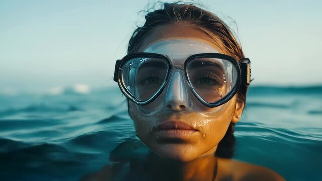 Serene ocean swim: woman in goggles emerging from water at sunset