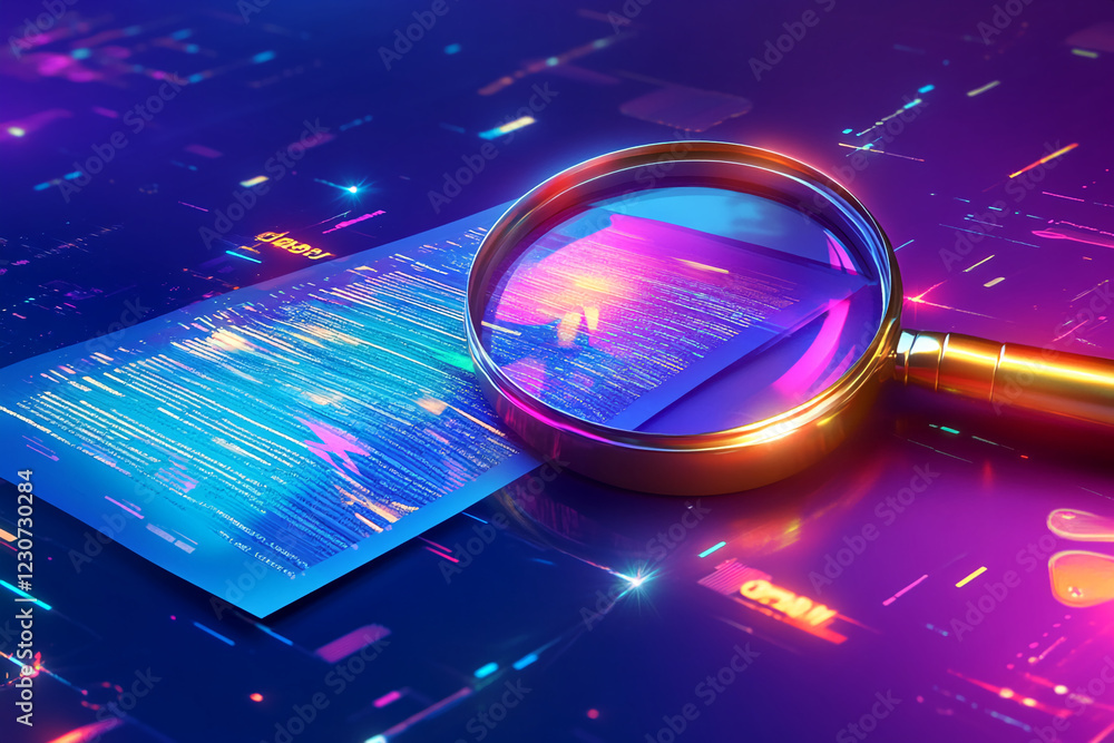 Poster Magnifying glass over a glowing code on a printed document with colorful digital elements, symbolizing data analysis, cybersecurity, and the examination of digital information