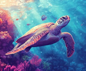 Obraz premium Majestic sea turtle gliding through vibrant coral reef waters