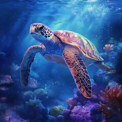Fototapeta premium Vibrant sea turtle swimming through colorful coral reef