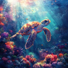Colorful sea turtle swimming through vibrant coral reef