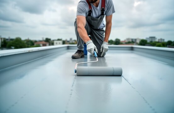 Worker applies waterproof coating to roof deck using roller. Roof deck repair activity in progress. Construction site with city view. Waterproofing project for protection against leaks. Pro
