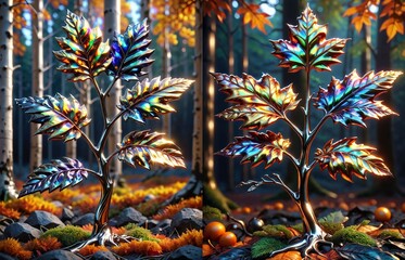 Fototapeta premium Detailed Metallic Fern in a Mysterious Forest: Hyperrealistic 3D Sculpture with Carved, Iridescent Leaves. Experience the Atmospheric, Dark Fantasy Vibe of this unique botanical artwork