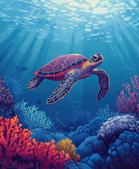 Obraz premium Colorful turtle swims through vibrant coral reef waters