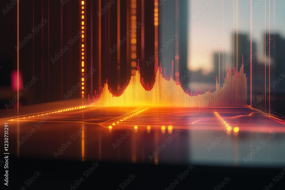 Poster Close-up of a digital data visualization with glowing graph bars, representing a futuristic analysis of business or financial data.