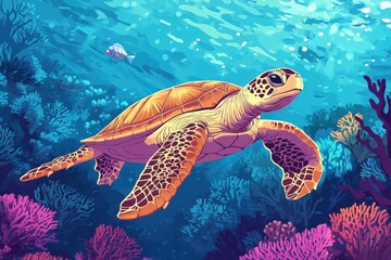 Fototapeta premium Sea turtle glides through vibrant coral reef underwater