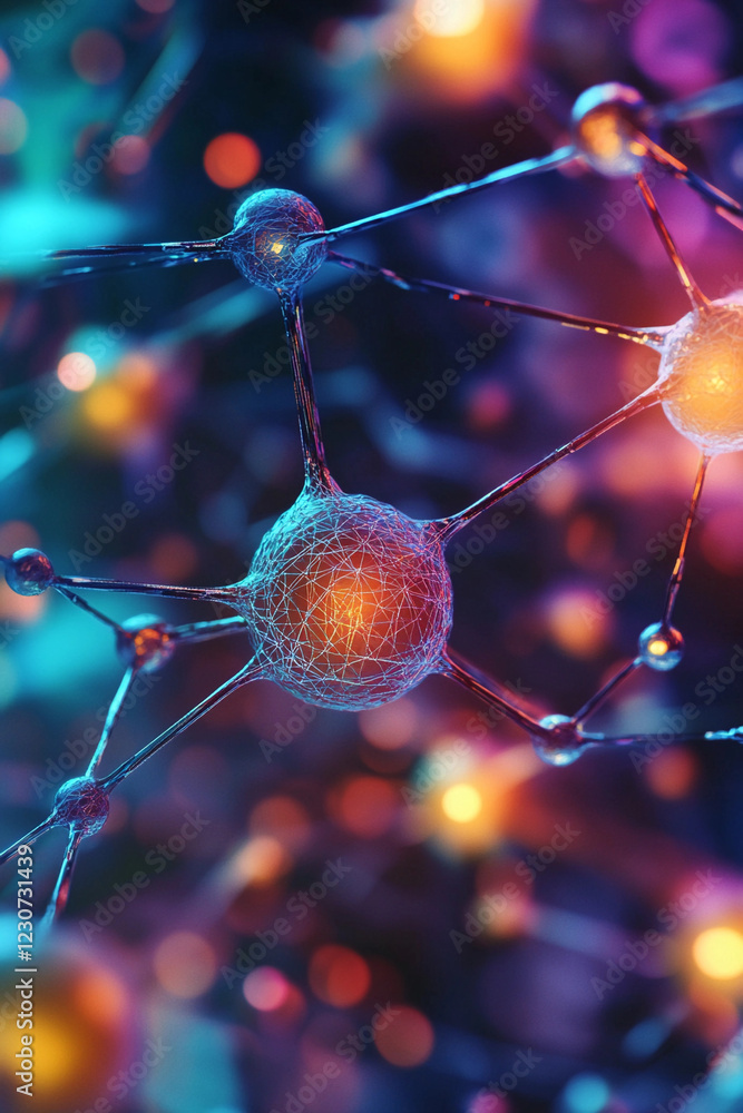 Poster exploring nanotechnology with colorful molecular structures highlighting connectivity and intricate 