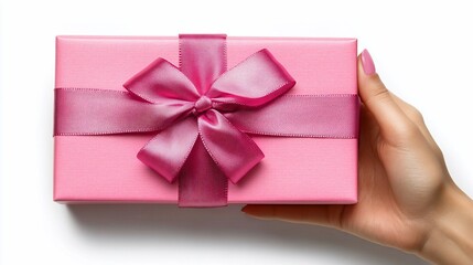 A hand holding a beautifully wrapped pink gift box with a satin ribbon, ideal for celebrations