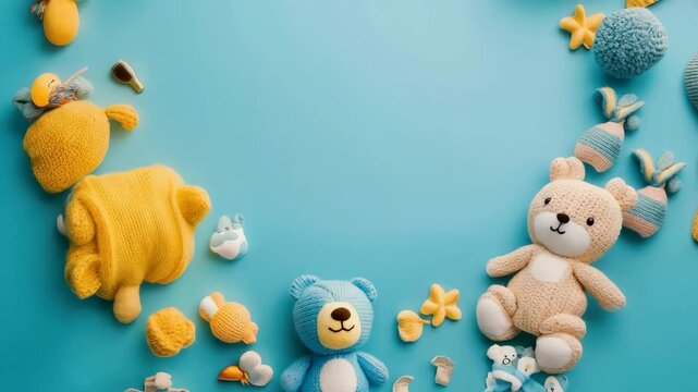 Cute teddy bears and baby toys in playful blue and yellow setting