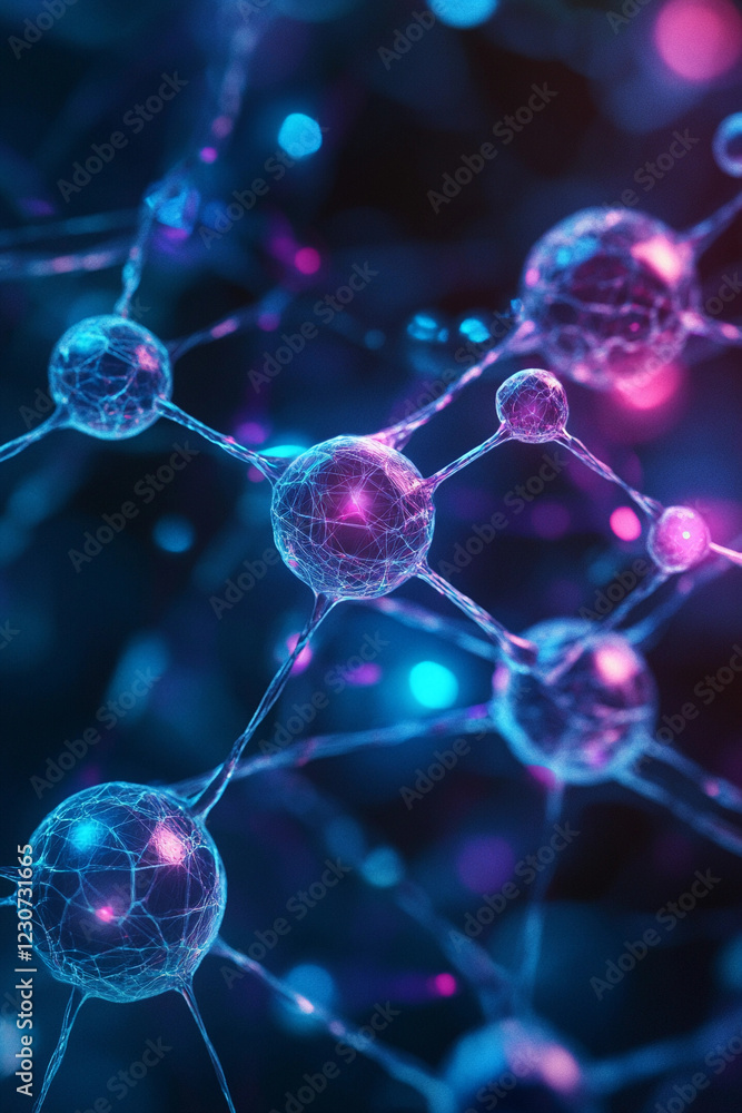 Poster nanotechnology structures exhibit intricate molecular connections with vibrant colors on a dark back