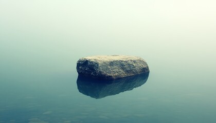 Naklejka premium Solitary rock in calm, misty water with its reflection.