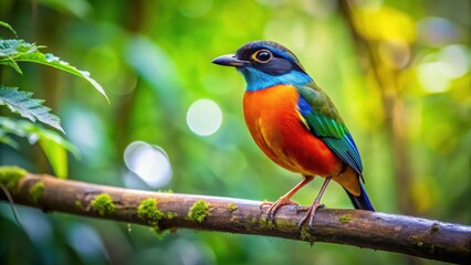 A small bird with bright plumage perched on a thin branch in a lush forest surrounded by tall trees and leaves , birdsong, forest