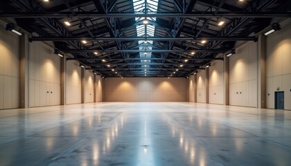 Empty convention hall shows modern architecture interior. Large hall with concrete floor, light beige walls. Metal beams form ceiling. Lighting creates bright, spacious atmosphere. Suitable for