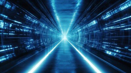 Abstract Blue Digital Tunnel with Glowing Lines and Data Streams