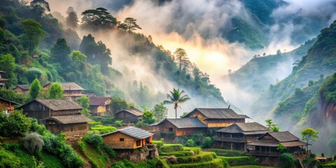 Misty Sa Pa village in the north of Vietnam with a traditional Hmong long house nestled among trees and surrounded by mountains , misty atmosphere, sa pa town