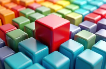 Obraz premium Abstract 3d image. Red cube stands out. Colorful cubes in different shades. Minimalist design. Bright colours create vibrant visual. Pattern of cubes in design. Individuality highlighted. Red cube