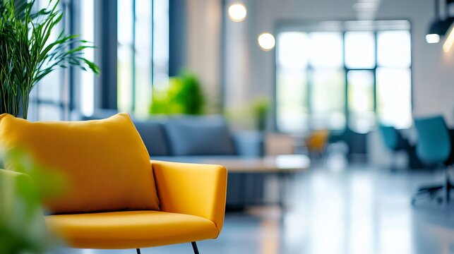 Soft focus of a modern workspace interior with a vibrant seating area. The blurred background creates an inviting and energetic atmosphere, perfect for brainstorming and collaboration