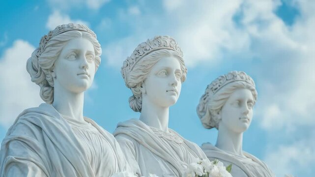 Majestic marble statues under cloudy skies depicting timeless beauty