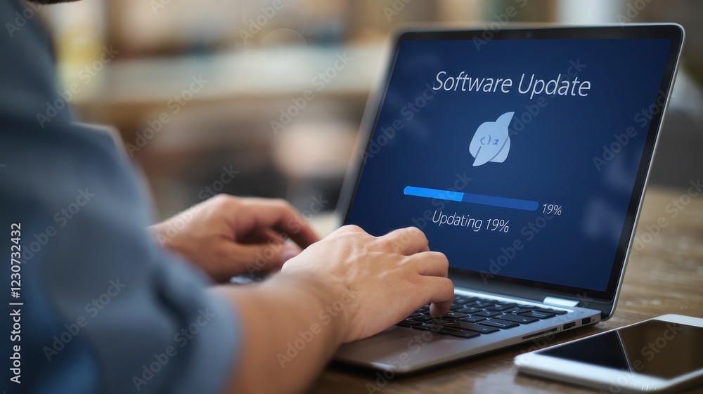 Poster software update progress on laptop screen