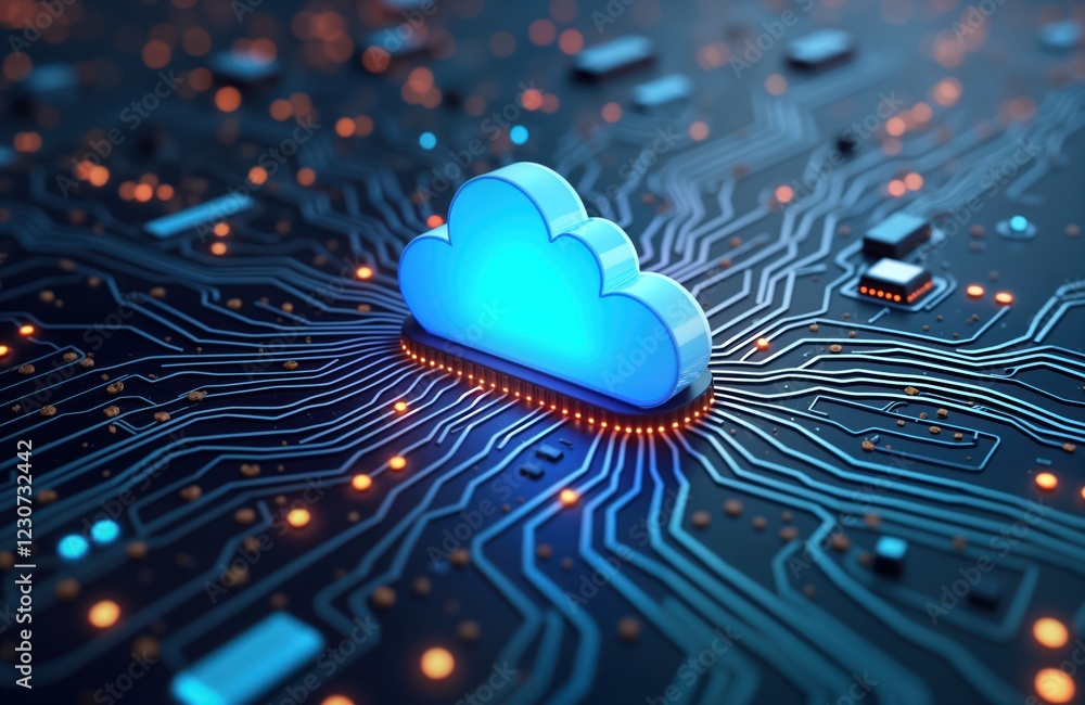 Poster futuristic illustration of cloud computing. abstract tech concept shows glowing blue cloud symbol on