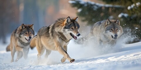 Naklejka premium Wolf pack hunting in winter wilderness – Dynamic action shot
