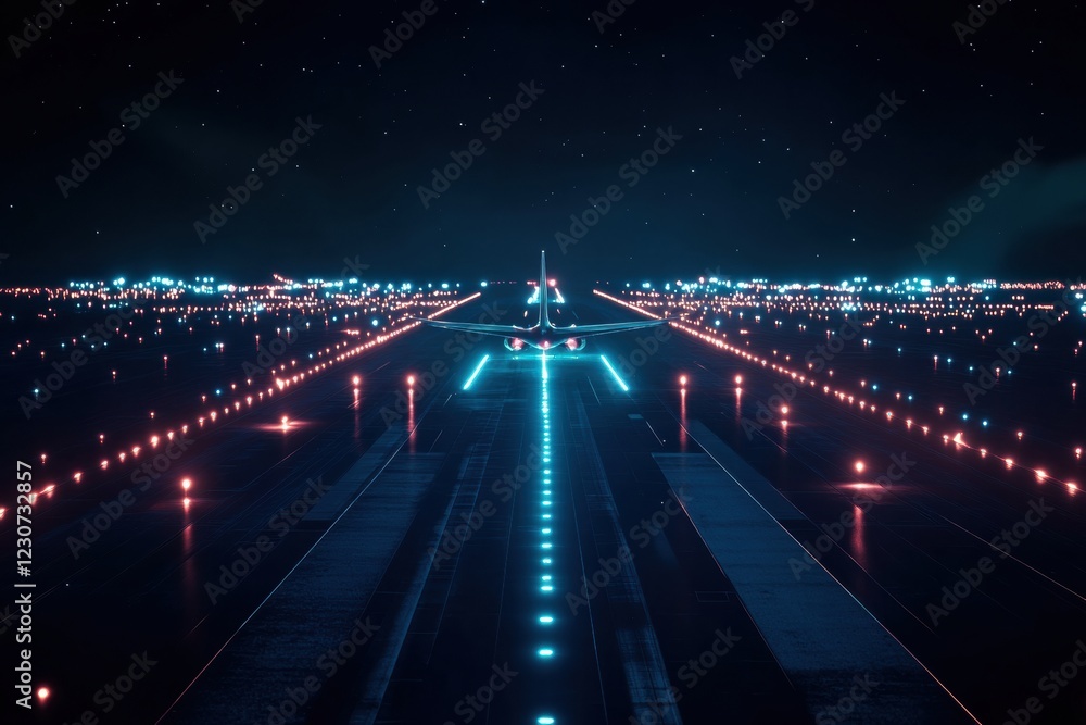 Poster Airplane prepares for takeoff on illuminated runway surrounded by bright navigation lights at night. Generative AI