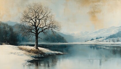 Solitary winter tree by a serene lake, snow-covered landscape with mountains in the background.